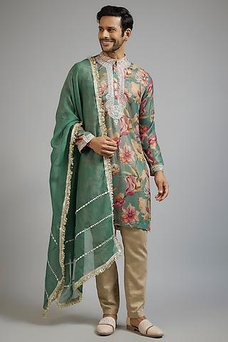 pistachio green shimmer georgette digital printed & mirror embroidered kurta set