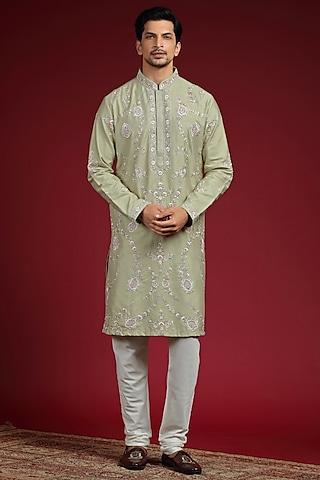 pistachio green silk blend floral embroidered kurta set