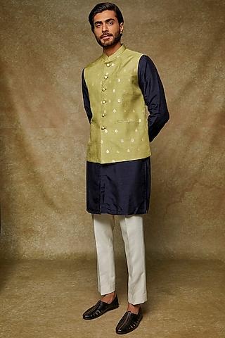pistachio green silk bundi jacket with kurta set