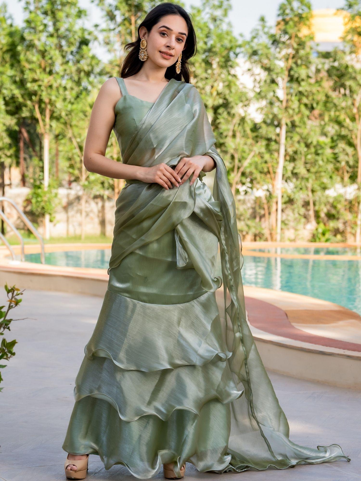 pistachio shimmer ruffle saree with stitched blouse