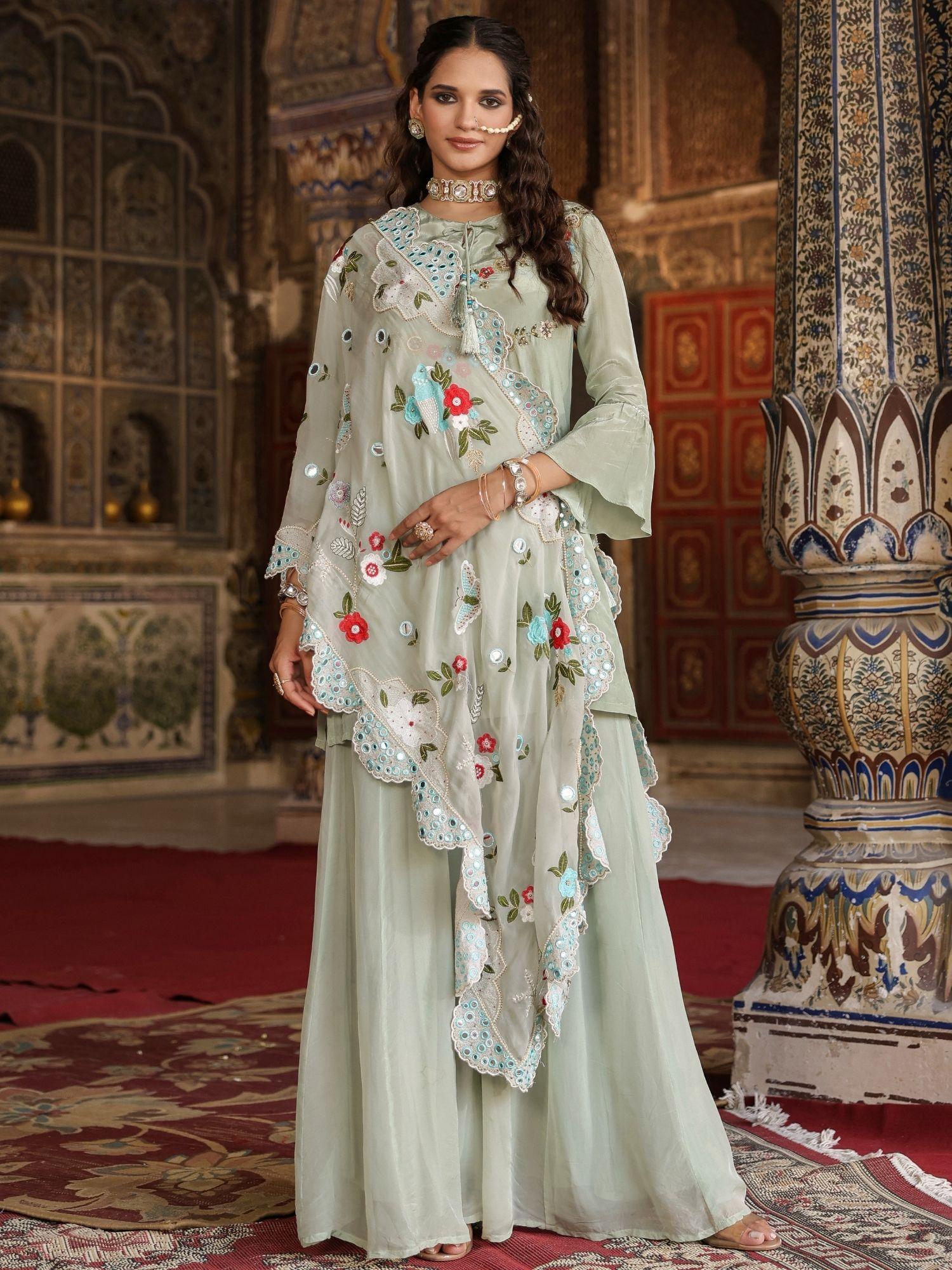 pistagreen crepe silk embroidered kurta palazzo dupatta (set of 3)