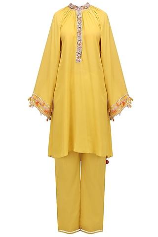 pitambari yellow embroidered tunic with pin tuck pants