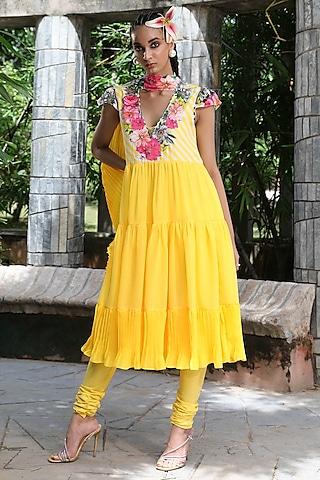 pitambari yellow hand embroidered tiered anarkali set