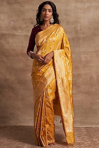 pitambari yellow handcrafted pure banarasi silk meenakari work saree