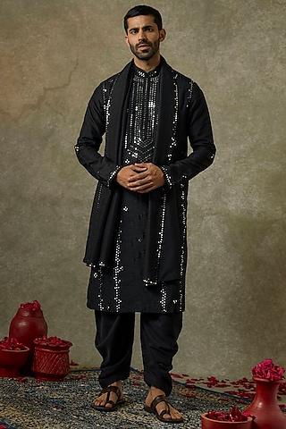 pitch black art silk mirror work kurta set