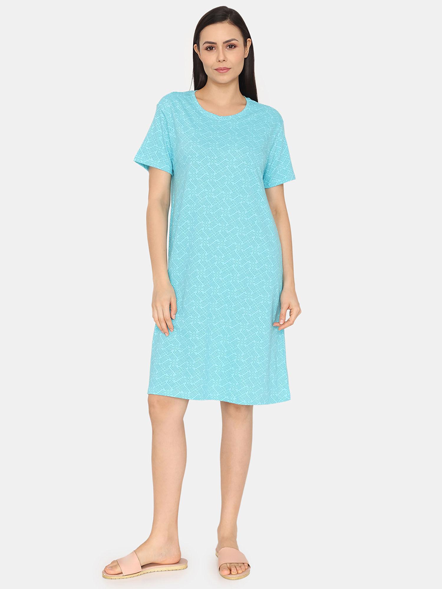 pixel play knit cotton knee length nightdress - blue radiance