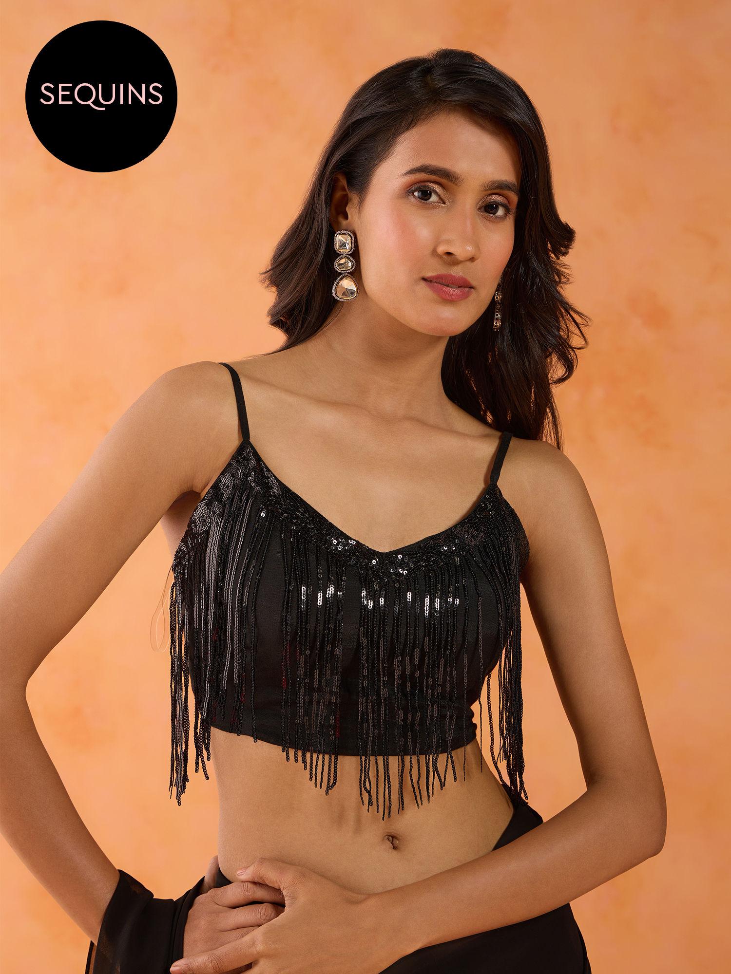 pixie dust black sequined-tasselled strappy blouse ggpdbl01