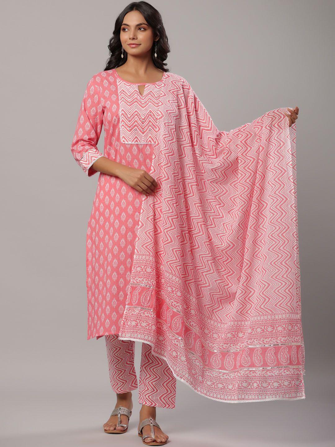 pk fashions women pink floral printed pure cotton kurta with palazzos & with dupatta