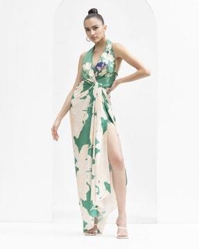 placement floral print draped halter-neck a-line dress