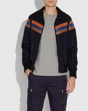 placement striped slim fit bomber jacket