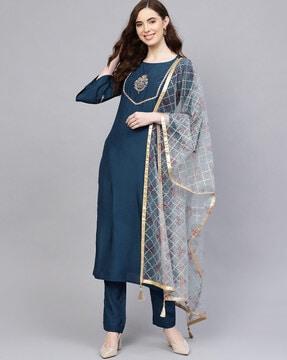 placement-embroidered straight kurta with pants & dupatta