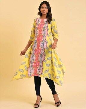 placement print asymmetrical hem a-line kurta