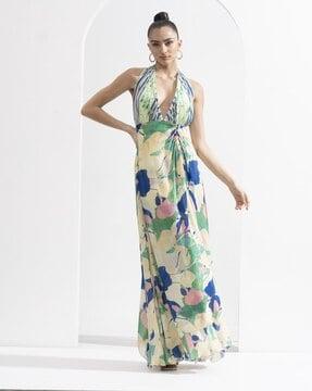 placement printed draped halter-neck a-line dress