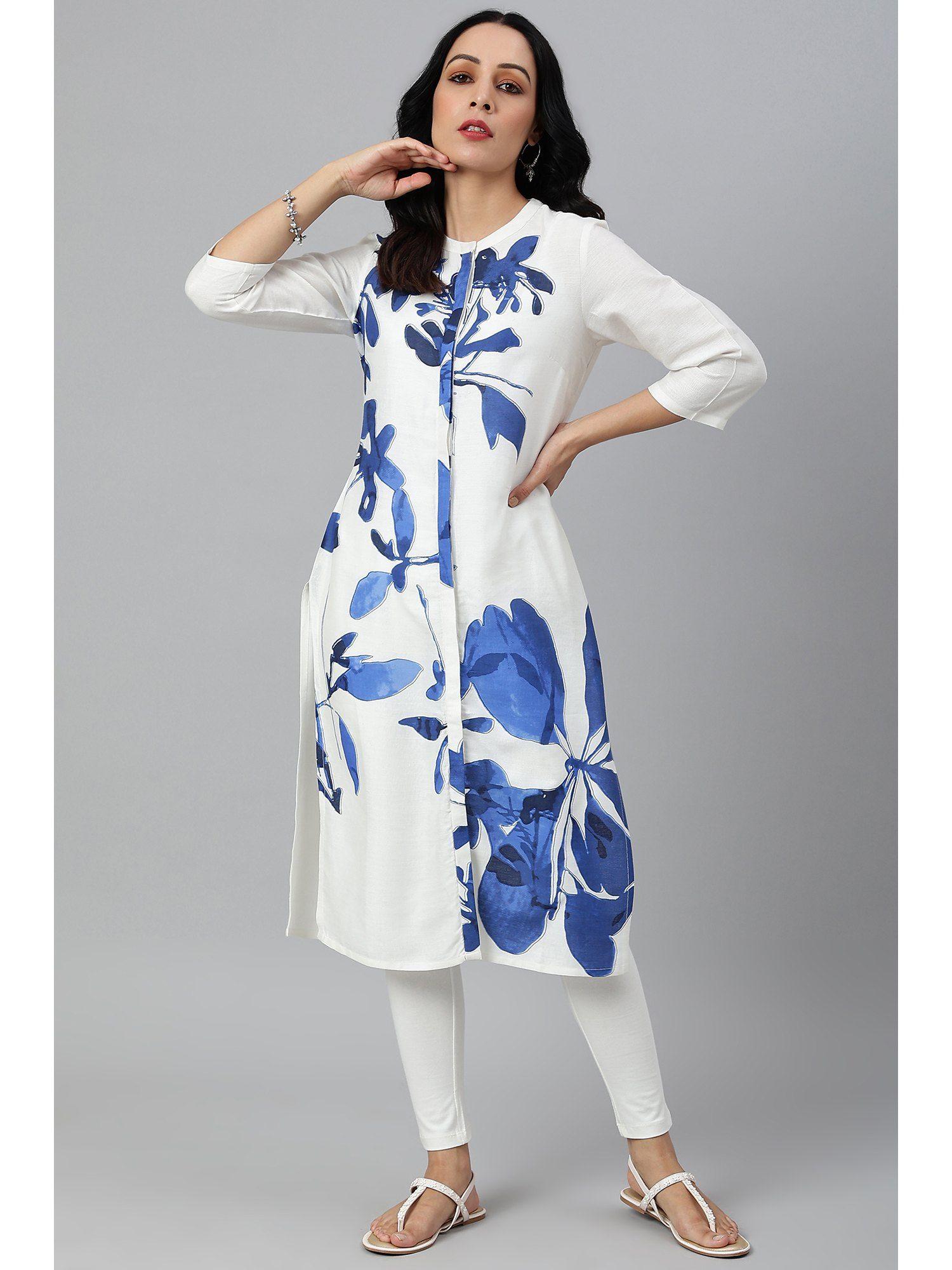 placement white kurta with blue floral print