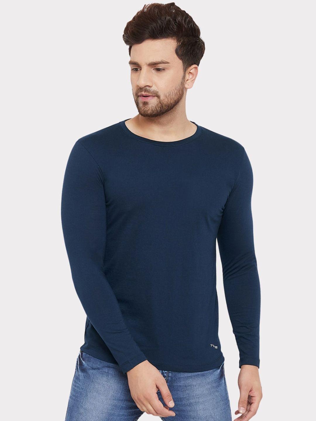 plagg men navy blue solid round neck t-shirt