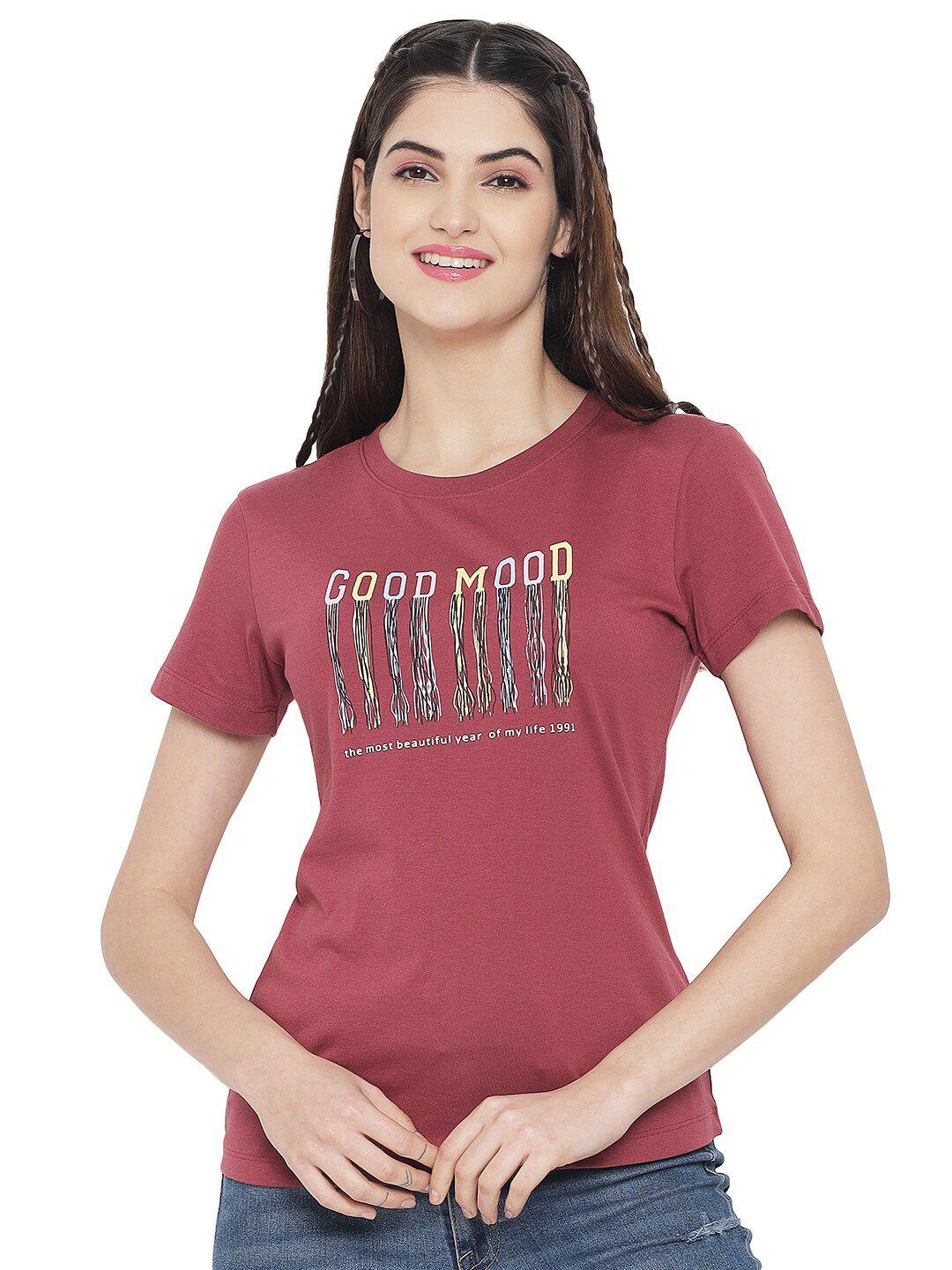 plagg women mauve & grey typography printed cotton t-shirt