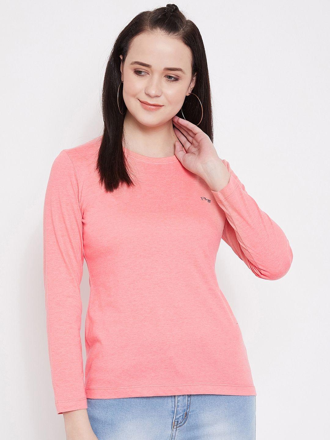 plagg women peach-coloured solid round neck t-shirt