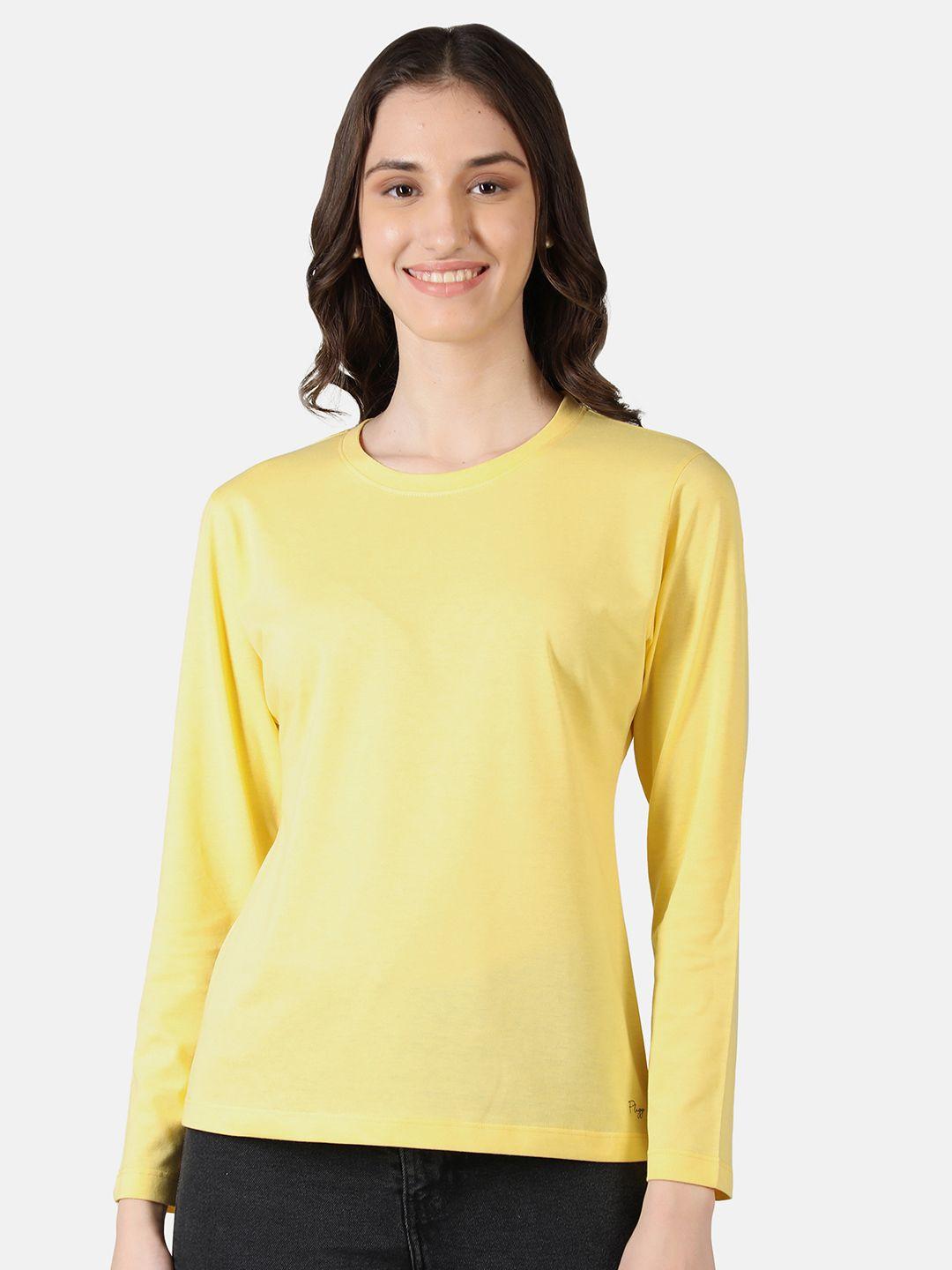 plagg women yellow round neck cotton t-shirt