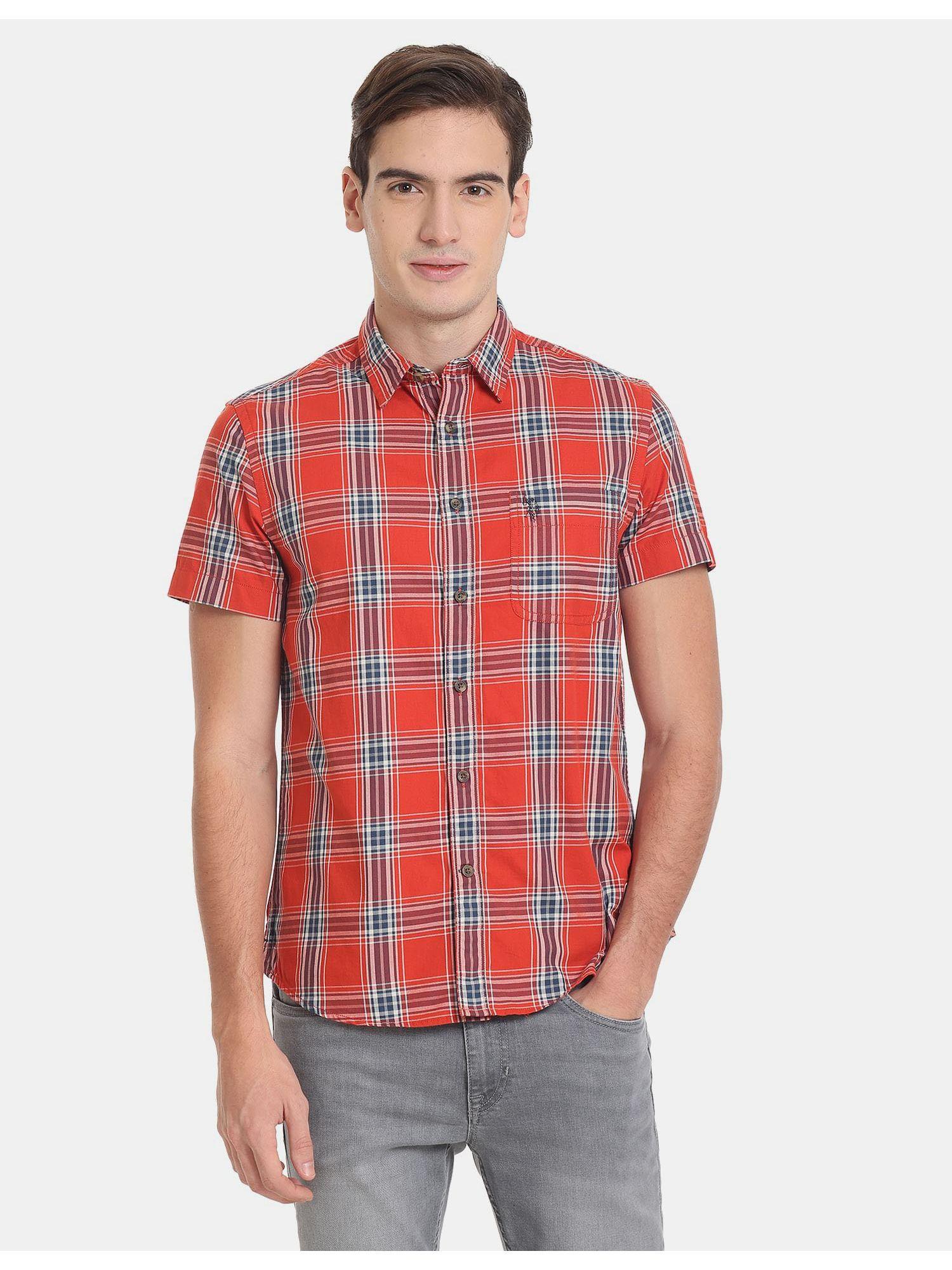 plaid check short sleeve casual shirt