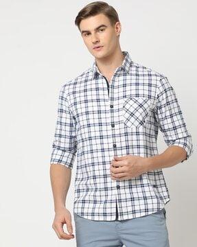 plaid checked slim fit cotton shirt