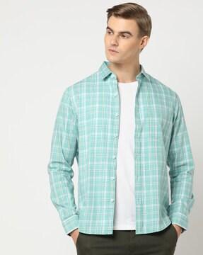 plaid checked slim fit cotton shirt