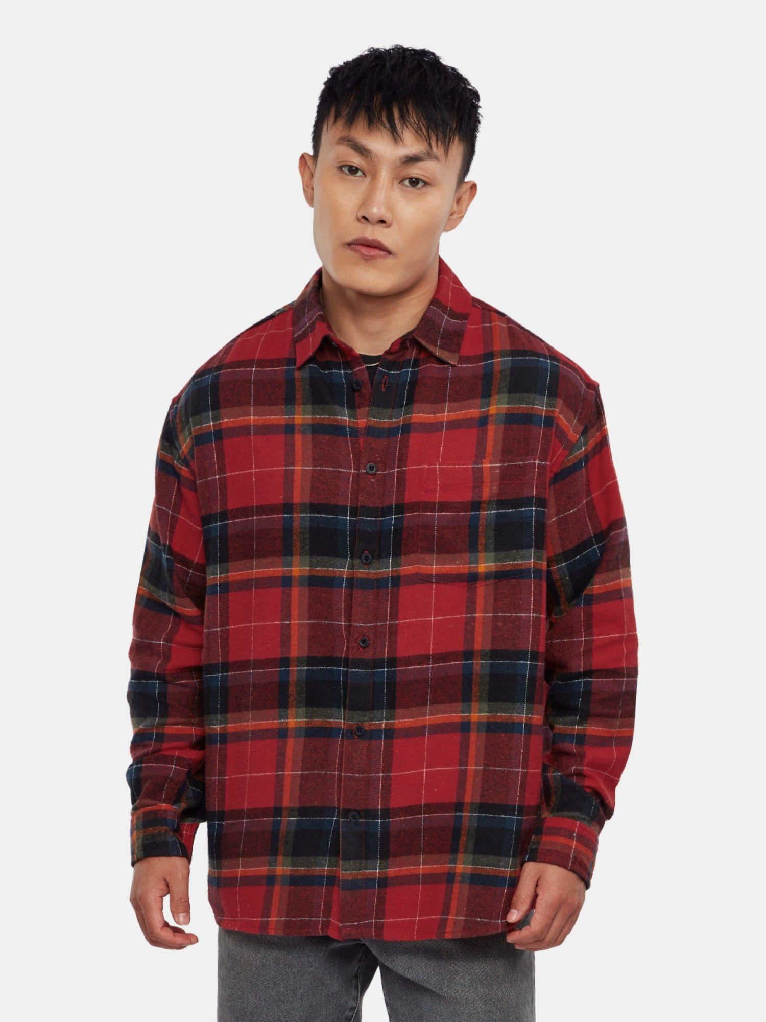 plaid grey red and black men relaxed shirts