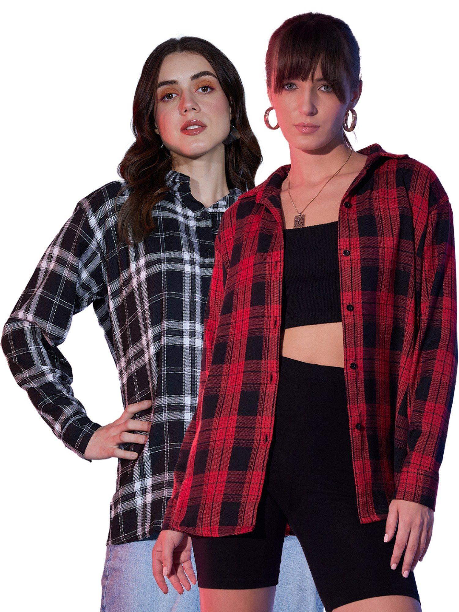 plaid print red black cotton oversized women long shirt combo (pack of 2)