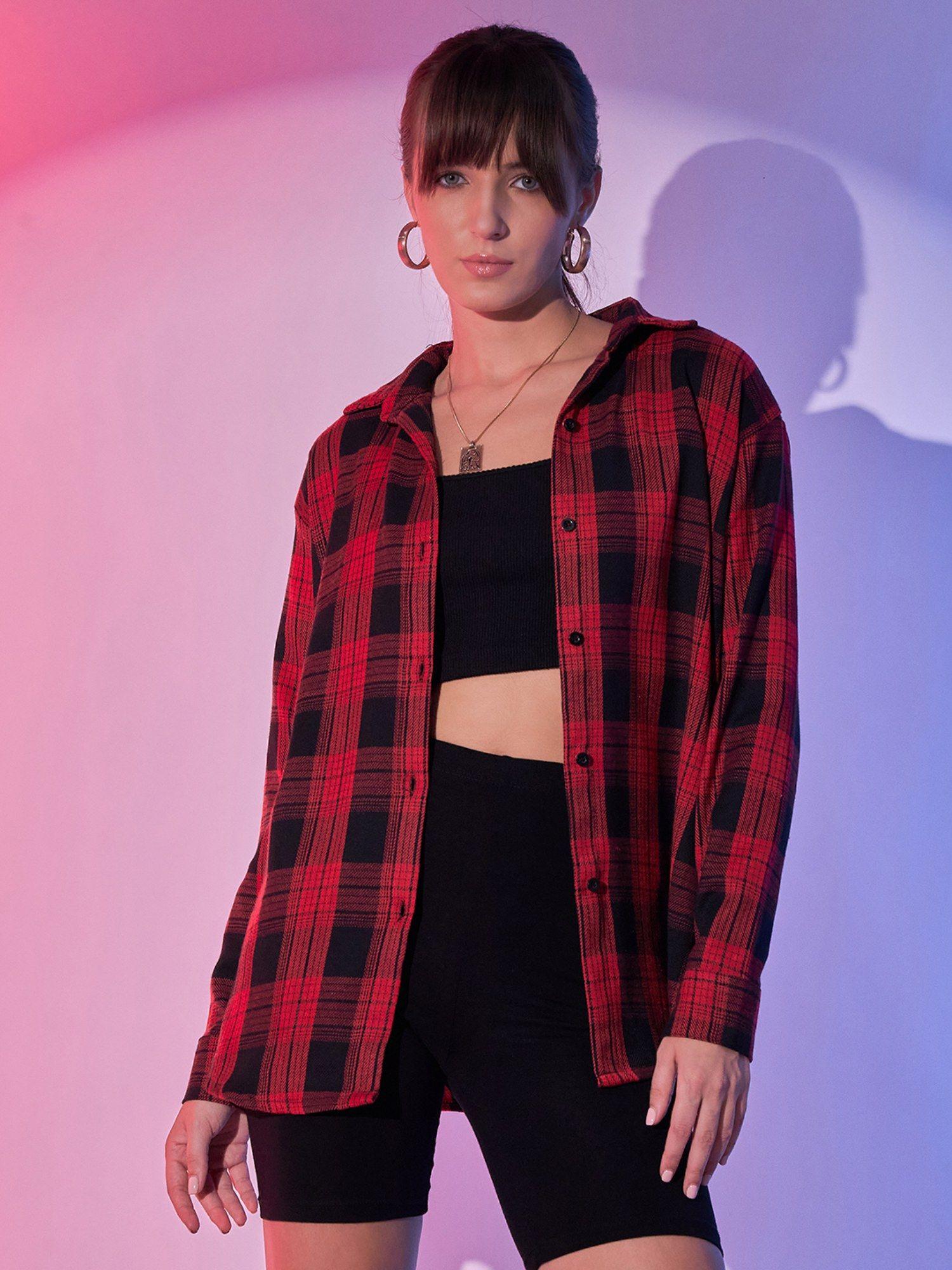 plaid print red black cotton oversized women long shirt