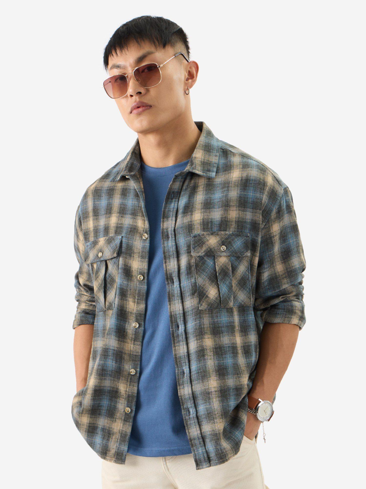 plaid stone blue men utility shirt