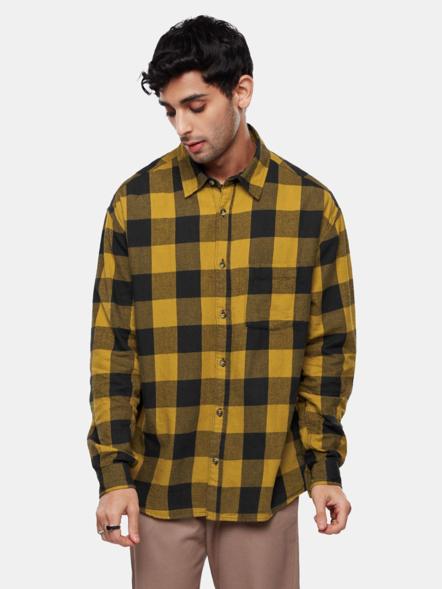 plaid yellow and black men relaxed shirts