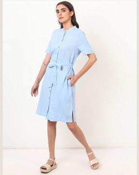 plain flax mix mandarin collar dress