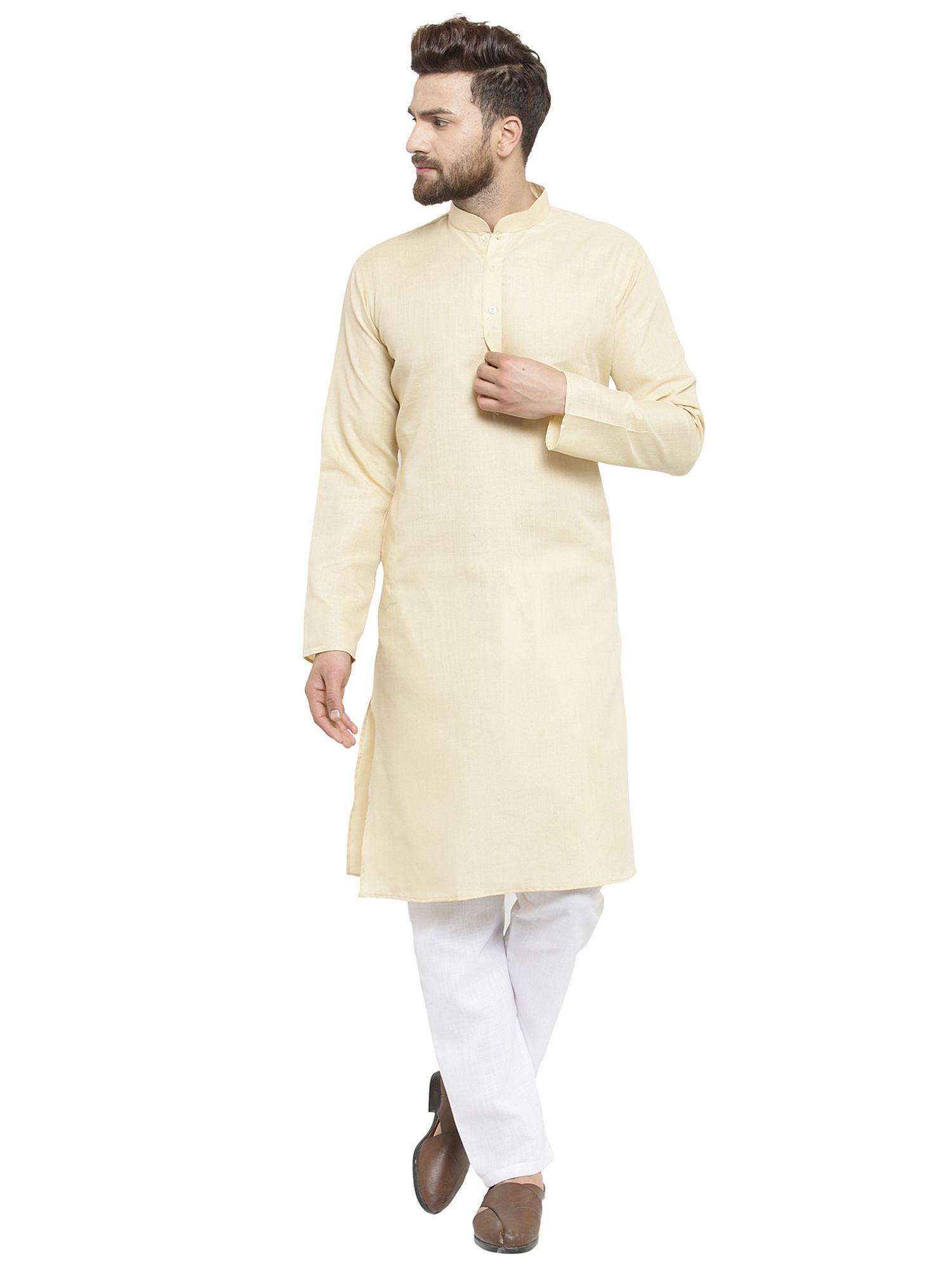 plain linen beige kurta with churidar set for men (set of 2)