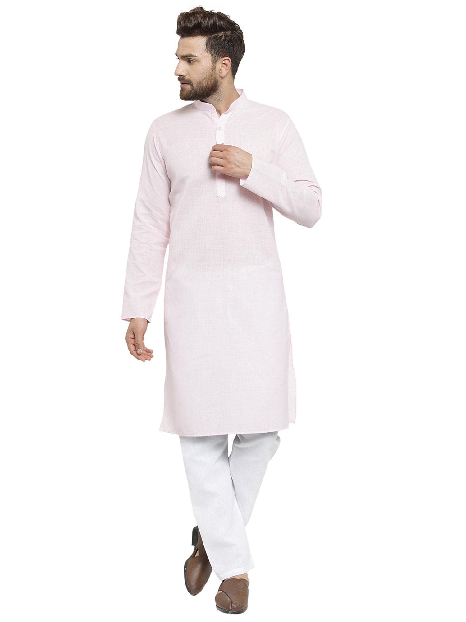 plain linen pink kurta with aligarh pyjama set for men (set of 2)