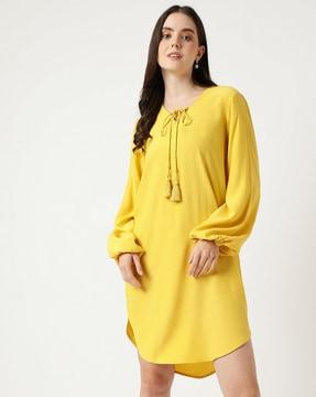 plain pure viscose tie-up neck dress