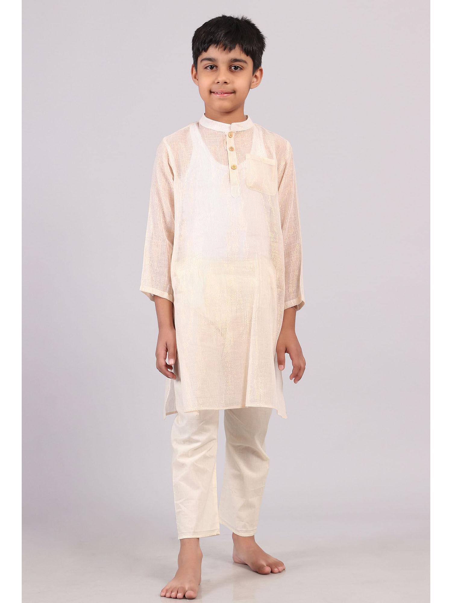 plain white silver cotton stripes kurta pyjama (set of 2)