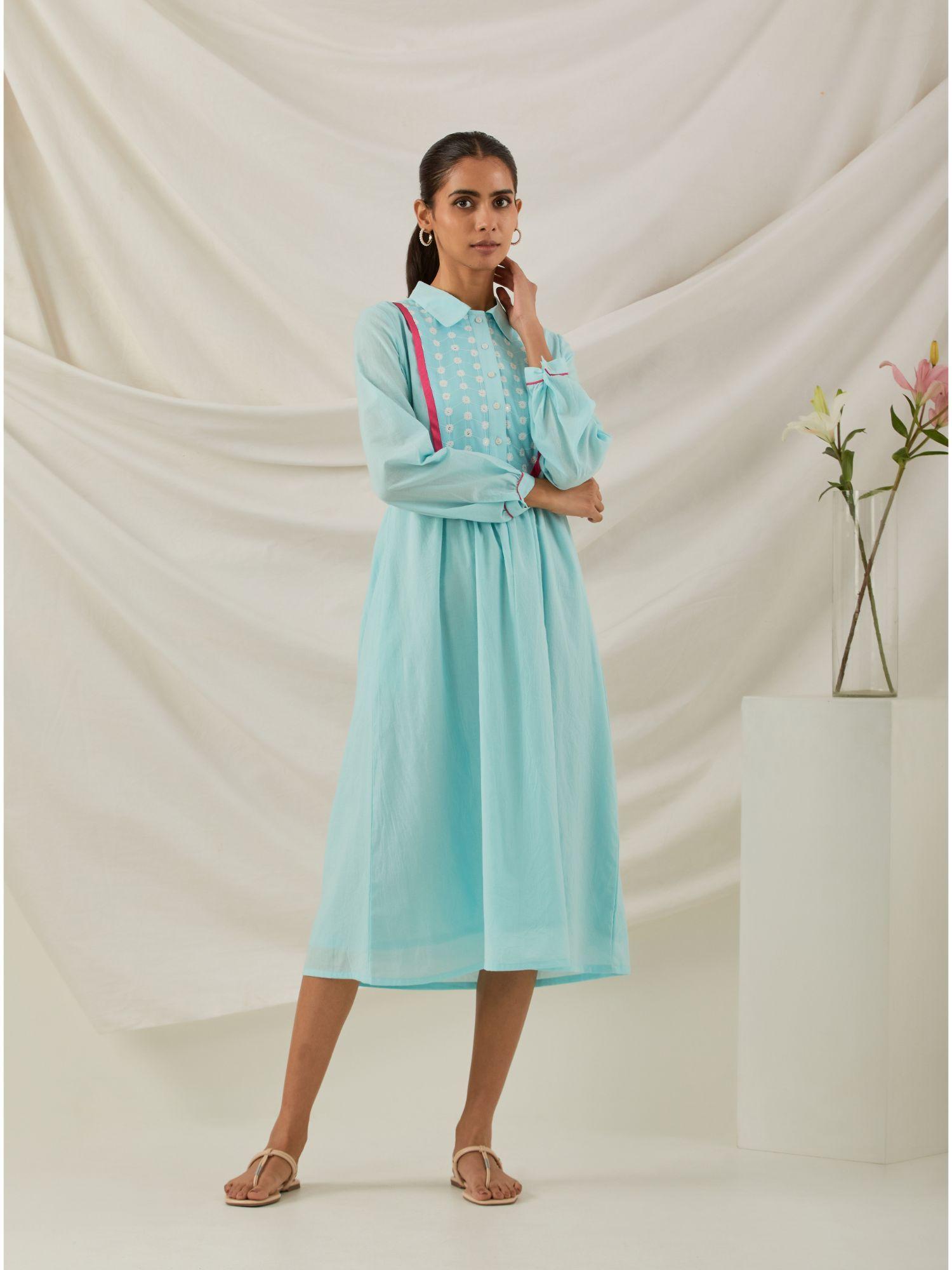 plain zaid collared long dress with chikankari yoke