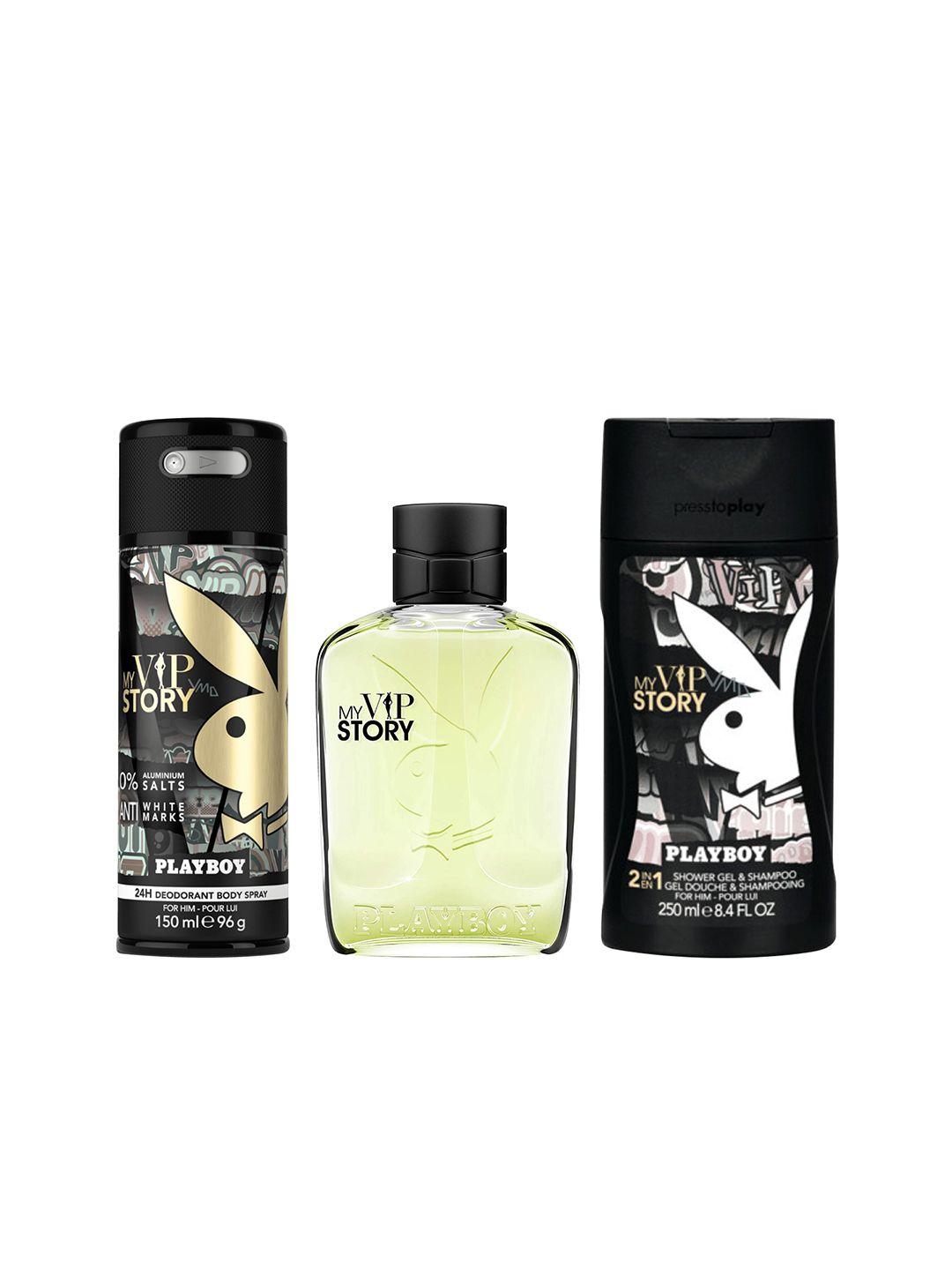 playboy men my vip story gift set - deodorant 150ml + edt 100ml + shower gel 250ml