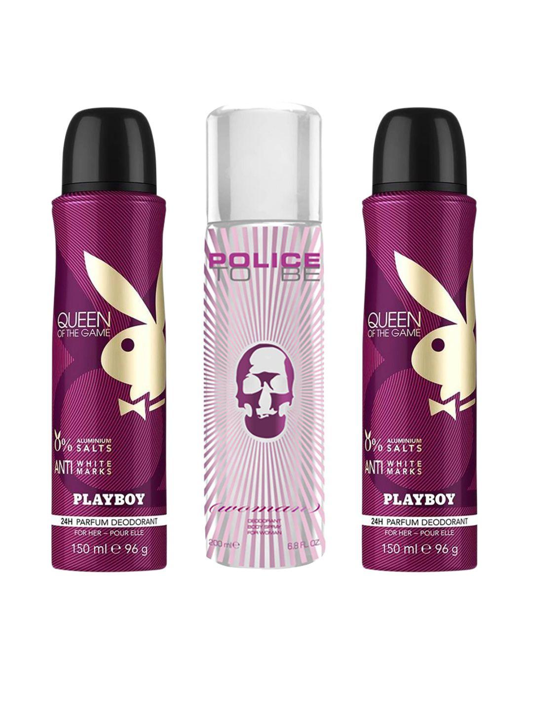 playboy set of 3 parfum deodorants - queen of the game & police to be 500 ml