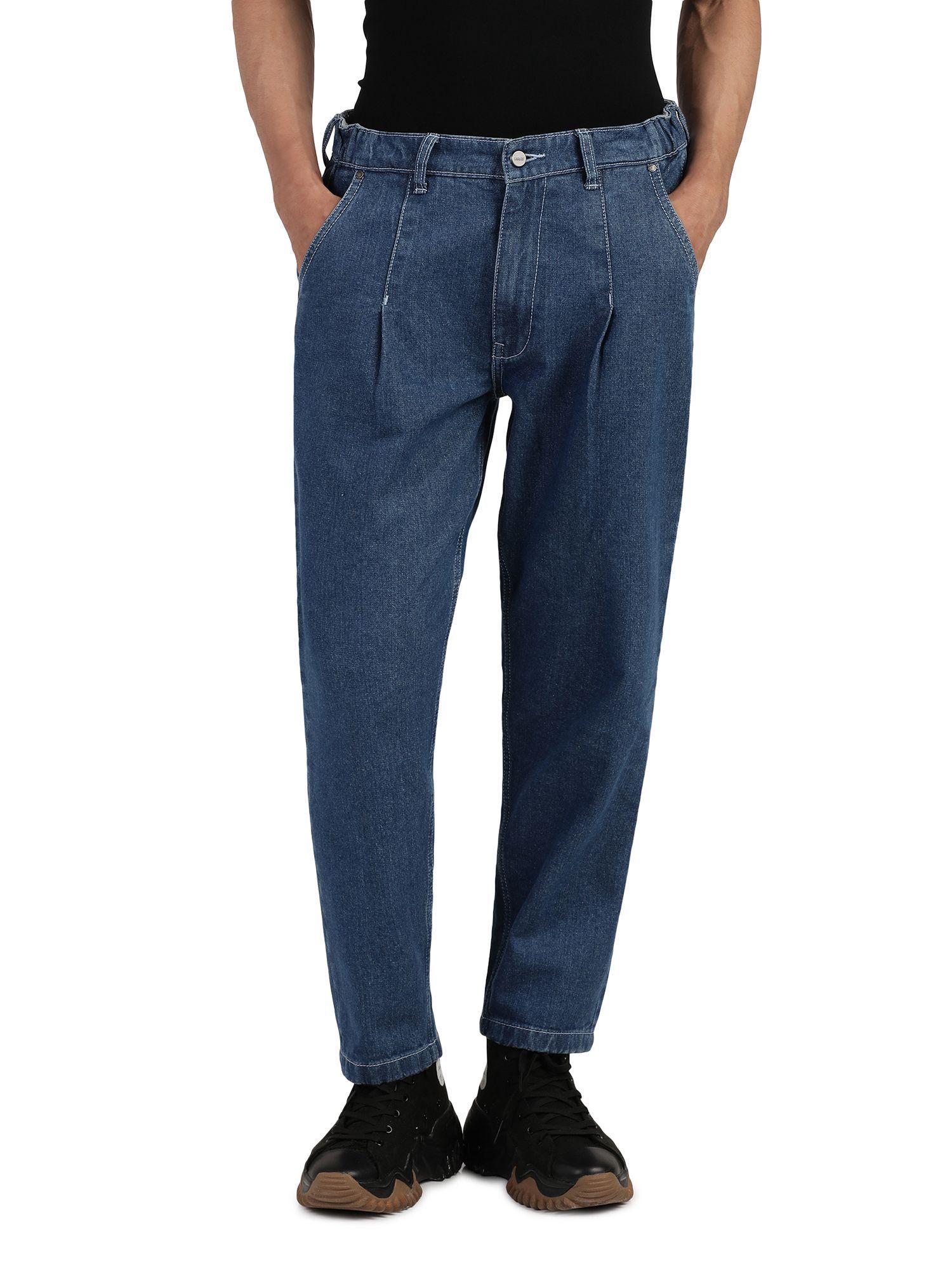 pleasted denim pant with flexible waistline