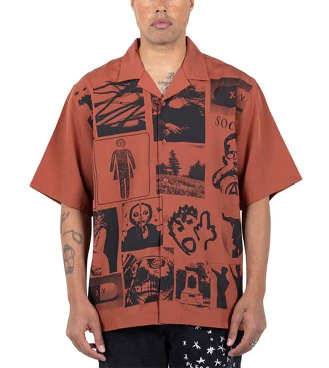 pleasures x capsul brown choices camp printed relaxed fit shirt