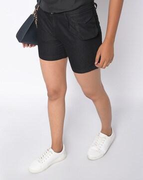 pleat-front denim shorts with patch pockets