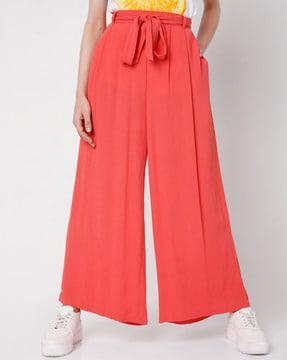 pleat-front flared pants with waist tie-up