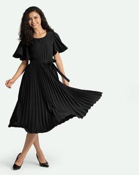 pleated empire dress with fabric belt