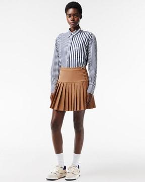 pleated short button waist flared skirt