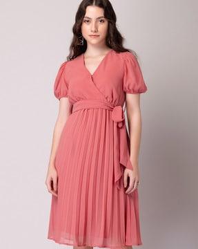 pleated a-line dress with belt & puffed sleeves