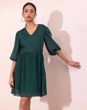 pleated a-line dress with buckle belt