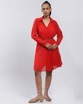 pleated a-line dress with inner slip & belt