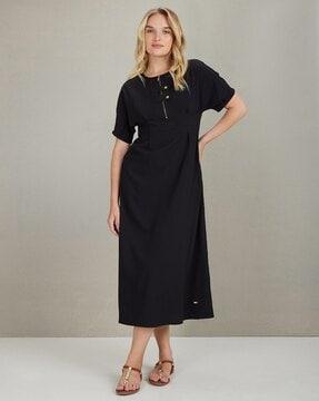 pleated a-line midi dress