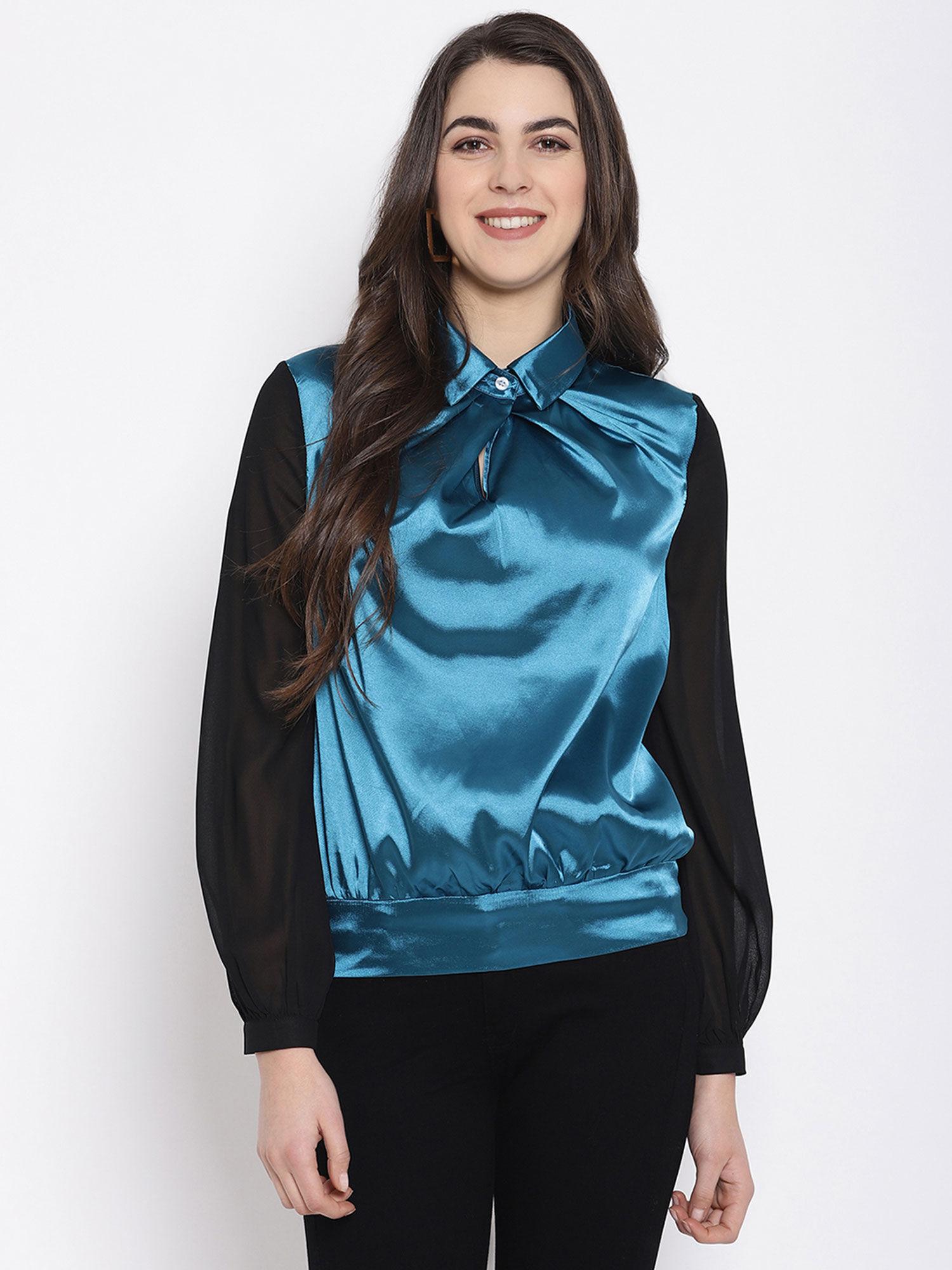 pleated blouse with sheering sleeves