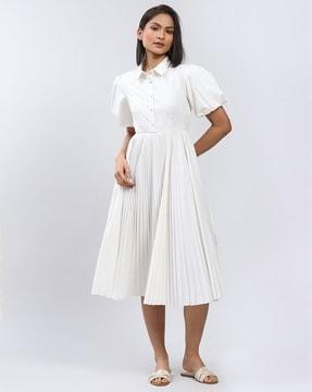 pleated button-up fit & flare dress